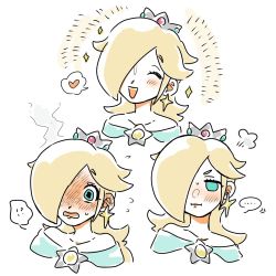Rule 34 | !?, ..., 1girl, blonde hair, blue eyes, blush, brooch, collarbone, crown, earrings, embarrassed, hair over one eye, heart, jewelry, long hair, mario (series), mimimim9999, multiple views, nintendo, open mouth, portrait, pout, rosalina, smile, sparkle, speech bubble, super mario bros. 1, upper body, white background