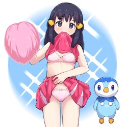 Rule 34 | 1girl, black hair, blush, bra, cheerleader, clothes in mouth, clothes lift, commentary request, creatures (company), dawn (pokemon), eyelashes, game freak, gen 4 pokemon, grey eyes, hair ornament, hairclip, hand up, highres, holding, holding pom poms, kutabireta neko, lifted by self, long hair, looking at viewer, mouth hold, nintendo, panties, pink shirt, pink skirt, piplup, pokemon, pokemon (anime), pokemon (creature), pokemon dppt (anime), pom pom (cheerleading), pom poms, shirt, shirt in mouth, shirt lift, sidelocks, skirt, skirt lift, underwear