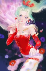 Rule 34 | 1girl, bare shoulders, blue eyes, breasts, bridal gauntlets, cape, cleavage, detached sleeves, dress, earrings, falling petals, final fantasy, final fantasy vi, floral print, green hair, hair ribbon, hand on own face, jewelry, long hair, looking at viewer, medium breasts, pantyhose, parted bangs, parted lips, petals, ponytail, red dress, red ribbon, regan (hatsumi), ribbon, short dress, solo, strapless, strapless dress, tina branford, tube dress, twitter username, upper body, wavy hair