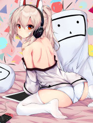 Rule 34 | 1girl, absurdres, ass, ayanami (azur lane), ayanami (niconico) (azur lane), azur lane, bandaid, bandaid on arm, bandaid on face, bare back, bare shoulders, bed, commentary request, earbuds, earphones, from behind, headphones, headpiece, highres, looking at viewer, niconico, nintendo switch, on bed, panties, platinum blonde hair, ponytail, red eyes, shirt slip, shoulder blades, sitting, solo, sutorea, tablet pc, thighhighs, underwear, wariza, white panties, white thighhighs