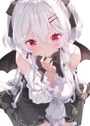 Rule 34 | 1girl, :&lt;, bare shoulders, bat wings, black footwear, black skirt, black wings, bow, breasts, closed mouth, clothing cutout, commentary request, finger to mouth, hair between eyes, hair bow, hair ornament, hairclip, hand up, highres, kani biimu, long sleeves, looking at viewer, maiban chu shite dereru kyuuketsuki no ohimesama, medium breasts, pleated skirt, red eyes, revision, shirt, shoes, shoulder cutout, simple background, sitting, skirt, socks, solo, striped bow, striped clothes, striped socks, tetra von valflayer, vertical-striped clothes, vertical-striped socks, wariza, white background, white shirt, wings