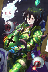 Rule 34 | 1girl, ankh, armor, black hair, bottle, bracelet, breasts, cape, charm (object), cross, cross necklace, crystal, disembodied eye, eyeball, floating skull, unworn headwear, helm, helmet, hitodama, huang xie, jewelry, large breasts, looking down, necklace, open mouth, ponytail, red eyes, ring, shell, shield, solo, terraria, the twins (terraria), wisp