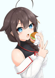 Rule 34 | 1girl, absurdres, ahoge, black hair, black shirt, blue eyes, braid, burger, commentary request, food, hair flaps, hair over shoulder, highres, himenagi yuuki, kantai collection, layered shirt, long sleeves, looking at viewer, off-shoulder shirt, off shoulder, open mouth, round teeth, shigure (kancolle), shigure kai ni (kancolle), shirt, single braid, sleeveless, sleeveless shirt, solo, teeth, turtleneck, upper body, upper teeth only, v, white shirt