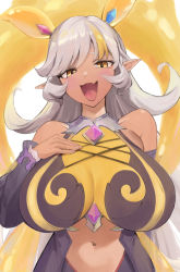 Rule 34 | 1girl, :d, bare shoulders, blonde hair, blush, breasts, character request, fang, grey hair, hair ornament, highres, large breasts, looking at viewer, multicolored hair, navel, open mouth, pointy ears, princess connect!, smile, solo, two-tone hair, yamabuki0
