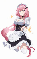 Rule 34 | 1girl, absurdres, apron, arms behind back, black dress, breasts, bug, butterfly, cleavage, cropped legs, dress, elysia (honkai impact), garter straps, gloves, highres, honkai (series), honkai impact 3rd, horns, insect, large breasts, light blush, long hair, looking at viewer, maid, maid apron, maid headdress, pink hair, pointy ears, sanmu, short sleeves, simple background, smile, solo, standing, teeth, thighhighs, white background, white gloves