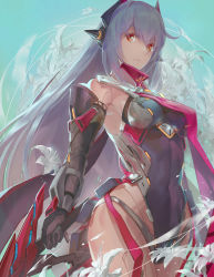 Rule 34 | 1girl, android, badluck, bandg, blue hair, breasts, covered navel, elbow gloves, flower, from below, gloves, highleg, highres, holding, holding weapon, large breasts, leotard, lily (flower), long hair, looking at viewer, nintendo, orange eyes, poppi (xenoblade), poppi qtpi (xenoblade), red scarf, robot, scarf, solo, spoilers, weapon, xenoblade chronicles (series), xenoblade chronicles 2, yellow eyes