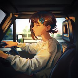 Rule 34 | 1girl, car, car interior, chainsaw man, commentary, driving, hair ornament, hairclip, higashiyama kobeni, highres, kobeni&#039;s car (chainsaw man), kozzz y, looking to the side, motor vehicle, railing, road, short hair, short ponytail, single sidelock, solo, steering wheel, sunlight, sweater, symbol-only commentary, white sweater, window