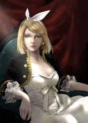 Rule 34 | 1girl, blonde hair, breasts, cleavage, earrings, hanakingyo, highres, jewelry, kagamine rin, lace-trimmed sleeves, lace trim, light beam, lips, looking at viewer, medium breasts, short hair, solo, vocaloid