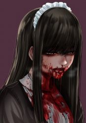 Rule 34 | 1girl, black dress, black hair, blood, blood drip, blood on clothes, blood on face, dress, from side, grey eyes, highres, hoshi san 3, long hair, looking down, maid, maid headdress, nosebleed, open mouth, original, red background, simple background, solo, upper body