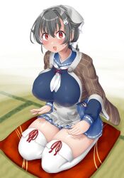 Rule 34 | 1girl, black hair, blue skirt, blush, breasts, brown shawl, commentary, covered erect nipples, cushion, dd (ijigendd), hair between eyes, hair flaps, hair ornament, hairclip, highres, jingei (kancolle), kantai collection, large breasts, long sleeves, looking at viewer, neckerchief, open mouth, pleated skirt, red eyes, red pillow, seiza, shawl, shirt, sitting, skirt, solo, tatami, thighhighs, white neckerchief, white thighhighs, zabuton