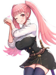 Rule 34 | 1girl, ;p, absurdres, belt, breasts, dress, female focus, fire emblem, fire emblem: three houses, garreg mach monastery uniform, gonzarez, highres, hilda valentine goneril, large breasts, long sleeves, looking at viewer, matching hair/eyes, nintendo, one eye closed, own hands together, pink eyes, pink hair, skindentation, smile, solo, sword, thighhighs, thighs, tongue, tongue out, twintails, weapon, white background, wink