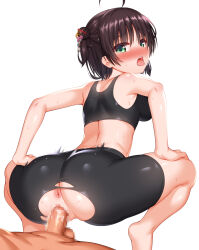 Rule 34 | 1boy, ahoge, anus, ass, back, bare arms, barefoot, bike shorts, black hair, black shorts, blush, censored, commentary request, eyelashes, eyes visible through hair, feet out of frame, girl on top, green eyes, hair between eyes, hair bun, hair ornament, hair stick, hands on own thighs, hetero, highres, hitachi mako, kanzashi, looking at viewer, looking back, mosaic censoring, motion lines, nose blush, open mouth, penis, reverse cowgirl position, senren banka, sex, sex from behind, shiny skin, short hair, shorts, simple background, single side bun, skindentation, sports bra, squatting cowgirl position, straddling, sweat, teeth, tongue, tongue out, torn clothes, torn shorts, upper teeth only, vaginal, white background, zirba