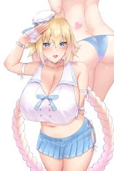 Rule 34 | 1girl, :d, absurdres, arm behind back, armlet, ass, bikini, blonde hair, blouse, blue bikini, blue eyes, blue skirt, blush, braid, breasts, cleavage, commentary request, crimecrime, curvy, fate/grand order, fate (series), fingerless gloves, gloves, hair between eyes, half gloves, heart, heart tattoo, highres, huge breasts, jeanne d&#039;arc (fate), jeanne d&#039;arc (mystery treasure) (fate), jeanne d&#039;arc (ruler) (fate), long hair, looking at viewer, midriff, miniskirt, mystery treasure, navel, open mouth, pleated skirt, salute, shirt, skirt, sleeveless, sleeveless shirt, smile, solo, swimsuit, tattoo, thighhighs, thighs, twin braids, very long hair, white background, white gloves, white headwear, white thighhighs