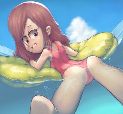 Rule 34 | 1girl, ass, barefoot, black eyes, breasts, brown hair, bubble, cloud, conoghi, disney, earrings, freckles, from behind, gravity falls, grin, inflatable raft, jewelry, long hair, looking at viewer, looking back, lying, ocean, one-piece swimsuit, partially submerged, red one-piece swimsuit, sky, small breasts, smile, swimsuit, teeth, water, wendy corduroy