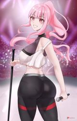 Rule 34 | 1girl, ass, bare shoulders, blush, breasts, from behind, highres, hololive, hololive english, huge ass, large breasts, long hair, looking at viewer, microphone, mori calliope, o22no, pants, pink eyes, pink hair, ponytail, shiny clothes, shiny skin, sideboob, smile, solo, very long hair, virtual youtuber