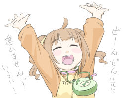 Rule 34 | 1girl, arms up, bag, brown hair, ebinera, face, handbag, idolmaster, idolmaster (classic), o/, open mouth, outstretched arms, raglan sleeves, solo, takatsuki yayoi, translation request, twintails