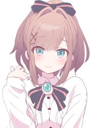 Rule 34 | 1girl, :3, black bow, blue eyes, blush, bow, brooch, brown hair, center frills, closed mouth, collared shirt, frills, hair bow, hair intakes, hair ornament, hairclip, hand up, high ponytail, jewelry, long sleeves, looking at viewer, nijisanji, ponytail, shirt, simple background, sleeves past wrists, solo, striped, striped bow, suzuhara lulu, tadanoshi kabane, upper body, virtual youtuber, white background, white shirt, x hair ornament