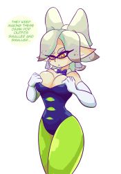 Rule 34 | + +, 1girl, adjusting clothes, annoyed, bare shoulders, blue bow, blush, bow, breasts, cleavage, detached collar, domino mask, elbow gloves, english text, frown, gloves, green pantyhose, hands up, highres, large breasts, leotard, looking down, marie (splatoon), mask, nintendo, pantyhose, pointy ears, shiny skin, short hair, silver hair, solo, splatoon (series), standing, tentacle hair, text focus, transparent background, white gloves, yellow eyes, zedrin