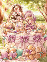 Rule 34 | 2girls, apron, bare shoulders, blonde hair, blurry, blush, bonnet, bow, brown hair, cake stand, center frills, collared dress, cup, cupcake, dessert, dress, food, frilled apron, frills, gem, hair bow, holding, holding cup, holding teapot, light rays, lolita fashion, long hair, maid, maid headdress, multiple girls, neck ribbon, original, outdoors, painting (medium), paper texture, pearl (gemstone), picnic basket, pillow, puffy short sleeves, puffy sleeves, ribbon, sakano machi, sandwich, short sleeves, sleeveless, sleeveless dress, table, tablecloth, tea, tea party, teacup, teapot, traditional media, tree, twintails, under tree, watercolor (medium), wavy hair, wristband