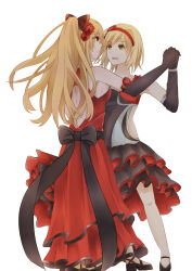 Rule 34 | 2girls, :d, absurdres, alternate costume, back, back cutout, bare shoulders, black bow, black dress, black footwear, black gloves, blonde hair, bow, breasts, brown eyes, closed mouth, clothing cutout, couple, dancing, djeeta (granblue fantasy), dress, elbow gloves, empty eyes, eye contact, eyes visible through hair, face-to-face, female focus, flower, formal, frilled dress, frills, gloves, granblue fantasy, hair bow, hair flower, hair ornament, hairband, highres, holding hands, interlocked fingers, irina (darkdjeeta), long dress, long hair, looking at another, medium breasts, multiple girls, neck, open mouth, ponytail, red dress, red eyes, red flower, red hairband, shoes, short hair, side cutout, sideboob, simple background, small breasts, smile, standing, vira (granblue fantasy), white background, yuri