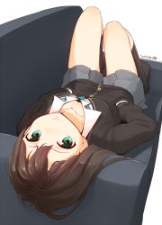 Rule 34 | 10s, 1girl, 2015, brown hair, cardigan, couch, dated, earrings, full body, green eyes, hands in pockets, idolmaster, idolmaster cinderella girls, jewelry, kneehighs, long hair, looking at viewer, lying, nagian, necklace, necktie, no shoes, on back, pleated skirt, school uniform, shibuya rin, signature, skirt, socks, solo, upside-down