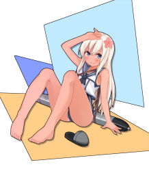Rule 34 | 1girl, arm up, bare arms, bare legs, bare shoulders, barefoot, blonde hair, blue eyes, blush, commentary, crop top, flower, hair flower, hair ornament, huan (hao7551789), kantai collection, legs, long hair, looking at viewer, no shoes, nontraditional school swimsuit, one-piece swimsuit, one-piece tan, ro-500 (kancolle), sailor collar, school swimsuit, school uniform, serafuku, shoes, unworn shoes, simple background, sitting, smile, solo, swimsuit, swimsuit under clothes, tan, tanline, thighs, torpedo