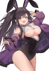 Rule 34 | 1girl, azur lane, bare shoulders, black hair, black leotard, blush, breasts, cowboy shot, hair ornament, heart, heart-shaped pupils, highres, jacket, large breasts, leotard, liaowen, long hair, long sleeves, looking at viewer, off shoulder, open mouth, pamiat merkuria (azur lane), playboy bunny, purple jacket, red eyes, simple background, smile, solo, symbol-shaped pupils, thighs, underboob, white background
