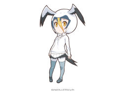 Rule 34 | 10s, 1girl, :|, arms at sides, bird tail, bird wings, black skirt, blue hair, blush, chibi, closed mouth, collar, collared shirt, copyright name, dot nose, expressionless, eyelashes, full body, gradient hair, grey footwear, grey pantyhose, hair between eyes, head wings, kemono friends, loafers, long sleeves, looking at viewer, masked booby (kemono friends), multicolored clothes, multicolored hair, multicolored skirt, necktie, official art, orange eyes, orange hair, pantyhose, pantyhose under shorts, pleated skirt, shirt, shoes, short hair, shorts, shorts under skirt, simple background, skirt, sleeve cuffs, solo, standing, sweater, tail, white background, white hair, white shirt, white shorts, white skirt, white sweater, wing collar, wings, yoshizaki mine