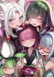 Rule 34 | 5girls, :3, ahoge, animal ears, black hair, blue hair, blush, breasts, closed eyes, curtained hair, double w, facing viewer, fang, fox ears, glasses, green hair, green hairband, grey eyes, grin, hairband, hand on another&#039;s head, hand on another&#039;s shoulder, hands up, happy birthday, headgear, highres, japanese clothes, kimono, large breasts, long hair, looking at viewer, microa, multiple girls, obi, obiage, obijime, one eye closed, open mouth, otomachi una, otomachi una (talkex), pink background, pink shawl, purple hair, sash, shawl, shirt, siblings, sidelocks, sisters, sleeveless, sleeveless shirt, smile, talkex, touhoku itako, touhoku kiritan, touhoku zunko, vocaloid, voiceroid, voicevox, w, white hair, white kimono, zundamon