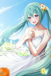 Rule 34 | 1girl, aqua hair, bare shoulders, blue eyes, blue sky, blurry, blurry background, blurry foreground, commentary, contrail, day, depth of field, dress, flower, flower-shaped hair, hair ornament, halter dress, halterneck, hand on own chest, hatsune miku, highres, long hair, materu (2532), miku day, mountainous horizon, open mouth, orange flower, outdoors, own hands together, sky, solo, teeth, twintails, upper teeth only, very long hair, vocaloid, white dress, yellow flower