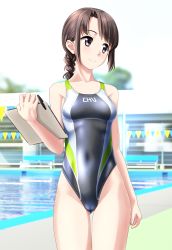 Rule 34 | 1girl, absurdres, braid, braided ponytail, breasts, brown eyes, brown hair, cameltoe, clipboard, clothes writing, collarbone, competition swimsuit, covered navel, cowboy shot, day, grey one-piece swimsuit, groin, highleg, highleg swimsuit, highres, long hair, looking to the side, multicolored clothes, multicolored swimsuit, one-piece swimsuit, original, outdoors, pen, pool, single braid, small breasts, solo, standing, string of flags, swimsuit, takafumi