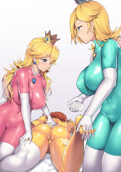 Rule 34 | 3girls, ass, blonde hair, blue eyes, bodysuit, breasts, brown hair, cameltoe, crown, earrings, elbow gloves, feet, female focus, from behind, gloves, hair over one eye, highres, huge ass, jewelry, large breasts, latex, latex bodysuit, long hair, looking down, lying, mario (series), multiple girls, nagase haruhito, nintendo, on stomach, princess daisy, princess peach, rosalina, shiny clothes, short hair, skin tight, smile, thighhighs, toes, very long hair, white legwear