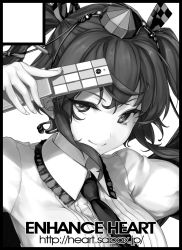 Rule 34 | 1girl, black border, border, cellphone, circle cut, close-up, closed mouth, collared shirt, crossed bangs, fingernails, flip phone, greyscale, hat, highres, himekaidou hatate, long hair, looking at viewer, monochrome, necktie, phone, puffy sleeves, rokuwata tomoe, shirt, simple background, smile, solo, tokin hat, touhou, twintails, watermark, web address, white background