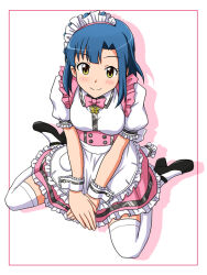 Rule 34 | 1girl, alternate costume, apron, black footwear, blue hair, blush, bow, bowtie, breasts, commentary request, enmaided, frilled apron, frilled skirt, frills, from above, idolmaster, idolmaster million live!, idolmaster million live! theater days, lielos, looking at viewer, maid, maid headdress, medium breasts, nanao yuriko, official alternate costume, on floor, own hands together, pink bow, pink bowtie, pink skirt, puffy short sleeves, puffy sleeves, shirt, shoes, short hair, short sleeves, sidelocks, sitting, skirt, smile, solo, thighhighs, waist apron, wariza, white background, white shirt, white thighhighs, wrist cuffs, yellow eyes