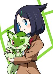 Rule 34 | 1girl, absurdres, black hair, blue eyes, blush, bow, bowtie, brown jacket, brown skirt, closed mouth, commentary request, cowlick, creatures (company), emapippi, eyelashes, game freak, highres, holding, holding pokemon, jacket, liko (pokemon), long sleeves, medium hair, nintendo, open clothes, open jacket, pokemon, pokemon (anime), pokemon (creature), pokemon horizons, red bow, red bowtie, school uniform, shirt, skirt, smile, sprigatito, white shirt