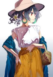 Rule 34 | 1girl, bag, black hair, casual, commentary request, earrings, flower, gradient background, grey background, hair flower, hair ornament, handbag, hat, highres, idolmaster, idolmaster shiny colors, jewelry, looking away, morino rinze, red eyes, shirt, short hair, skirt, sleeveless, sleeveless shirt, solo, white background, white shirt, yae (mono110), yellow skirt