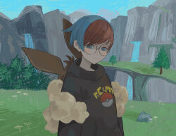 Rule 34 | 1girl, absurdres, backpack, bag, black hoodie, blue hair, blush, brown bag, bush, closed mouth, creatures (company), day, game freak, glasses, grass, grey eyes, highres, hood, hoodie, landscape, looking at viewer, mountain, multicolored hair, nature, nintendo, nishinori (24no71), outdoors, penny (pokemon), plant, poke ball print, pokemon, pokemon sv, red hair, rock, round eyewear, scenery, short hair, solo, stream, tree, two-tone hair, water, waterfall