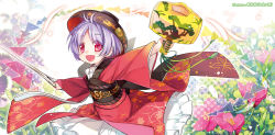Rule 34 | 1girl, artist name, blush, bowl, flower, japanese clothes, kimono, long sleeves, looking at viewer, miracle mallet, needle, obi, object on head, open mouth, outstretched arms, purple hair, red eyes, ribbon, sash, short hair, smile, solo, sukuna shinmyoumaru, t unchiku, touhou, wide sleeves