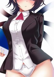 Rule 34 | 1girl, alternate costume, amisu, arms behind back, asymmetrical hair, asymmetrical wings, black hair, black jacket, blazer, blouse, blush, breasts, groin, head out of frame, houjuu nue, jacket, lips, medium breasts, no pants, office lady, outside border, panties, pout, shirt, short hair, solo, tears, thighs, touhou, underwear, white panties, white shirt, wings