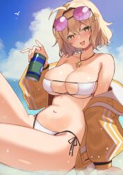 Rule 34 | 1girl, :d, ahoge, anis (nikke), anis (sparkling summer) (nikke), bare shoulders, bikini, bird, blonde hair, breasts, can, cleavage, cloud, day, eyepatch bikini, eyewear on head, fang, goddess of victory: nikke, heart, heart-shaped pupils, highres, holding, holding can, jacket, jewelry, large breasts, navel, off shoulder, official alternate costume, open mouth, outdoors, pendant, short hair, sitting, smile, solo, stomach, sunglasses, swimsuit, symbol-shaped pupils, thighs, wabimochi, yellow eyes, yellow jacket