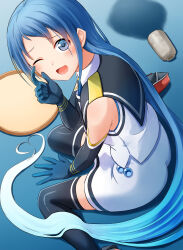 Rule 34 | 1girl, black gloves, black thighhighs, blue eyes, blue hair, cup, elbow gloves, from behind, gloves, highres, kamelie, kantai collection, long hair, looking at viewer, looking back, one eye closed, open mouth, samidare (kancolle), school uniform, serafuku, skirt, smile, solo, spill, thighhighs, tray, white skirt, yunomi
