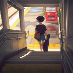 Rule 34 | 1girl, artist logo, black shirt, blue shorts, brown hair, bysau, day, dispenser, from above, highres, holding, instrument case, medium hair, original, outdoors, ponytail, shirt, shoes, short sleeves, shorts, sneakers, solo, stairs, standing, t-shirt, tactile paving, train station, walking