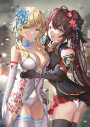Rule 34 | 2girls, absurdres, alternate costume, ass, bare shoulders, blonde hair, blush, breasts, brown hair, chinese clothes, elbow gloves, embarrassed, flower, from behind, genshin impact, gloves, hair flower, hair ornament, heiyulingkong, highres, hu tao (genshin impact), long hair, looking at viewer, lumine (genshin impact), medium breasts, miniskirt, multiple girls, open mouth, orange eyes, panties, shiny clothes, shiny skin, short hair with long locks, skirt, smile, thighhighs, twintails, underwear, very long hair, yellow eyes