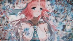 1girl aqua_eyes blue_gemstone blush breasts brooch closed_mouth dan-98 forehead_jewel gem genshin_impact highres jewelry large_breasts long_hair looking_at_viewer neck_ring nilou_(genshin_impact) parted_bangs patreon_username pixiv_username red_hair solo upper_body veil