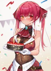 Rule 34 | 1girl, absurdres, ascot, bare shoulders, belt, birthday, blush, breasts, brooch, brown leotard, cake, cleavage, closed mouth, confetti, covered navel, cropped jacket, food, gloves, hair ribbon, happy birthday, heterochromia, highres, hololive, houshou marine, houshou marine (1st costume), jacket, jewelry, large breasts, leotard, leotard under clothes, long hair, looking at viewer, plate, red eyes, red hair, red jacket, red ribbon, red skirt, ribbon, see-through, see-through cleavage, skirt, sleeveless, sleeveless jacket, smile, solo, twintails, ura illust, virtual youtuber, white gloves, yellow eyes