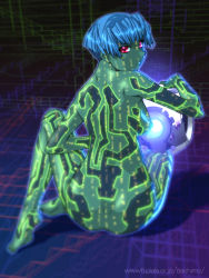 Rule 34 | 1girl, 343 guilty spark, animification, ass, back, barefoot, blue hair, breasts, colored skin, cortana, dimples of venus, feet, glowing, green skin, halo: combat evolved, halo (game), halo (series), hip focus, holding, hologram, ino (magloid), large breasts, looking at viewer, looking back, nipples, nude, pink eyes, robot, short hair, sitting, soles, solo, spread legs, sweatdrop, tattoo, tiptoes, wide hips