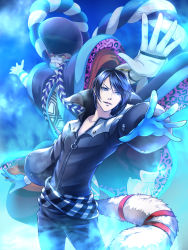 Rule 34 | 1boy, black jacket, black pants, blue eyes, blue gloves, blue hair, fox tail, gloves, goemon (persona 5), highres, jacket, kitagawa yuusuke, long sleeves, looking at viewer, male focus, nakoshe, open mouth, outstretched arms, pants, persona, persona 5, short hair, smile, solo, standing, tail, yellow eyes