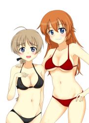 Rule 34 | 2girls, bad id, bad pixiv id, bikini, blue eyes, brown hair, charlotte e. yeager, long hair, lynette bishop, multiple girls, orange hair, saachi, strike witches, swimsuit, world witches series