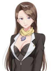 Rule 34 | 1girl, ace attorney, black jacket, breasts, brown hair, cleavage, commentary, earrings, haniwa (8241427), highres, jacket, jewelry, long hair, long sleeves, magatama, magatama necklace, medium breasts, mia fey, mole, mole under mouth, necklace, scarf, smile, solo, suit jacket, upper body, white background, yellow scarf