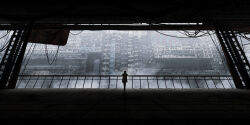 Rule 34 | 1other, apartment, building, cable, chinese text, coat, commentary request, fog, full body, haru akira, indoors, original, pants, railing, scenery, shadow, urban
